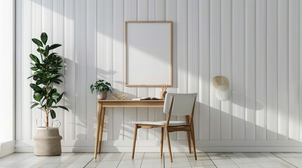 Modern interior design, mockup poster frame on wall with desk and chair near white panelled walls. Japandi style home office interior background. Modern minimalist room interior background,