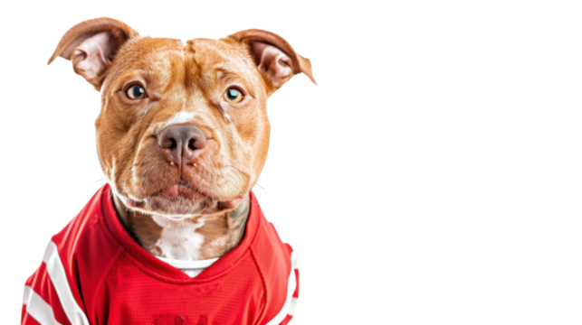 Adorable brown  dog wearing a red jersey, looking directly into the camera. white background