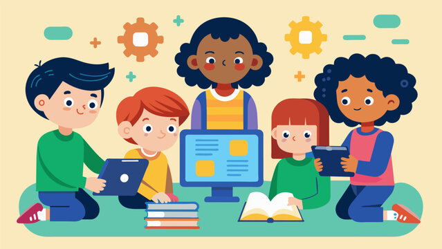 Children collaborating on a digital escape room challenge using clues and interactive features from the ebook to solve puzzles and escape before time. Vector illustration