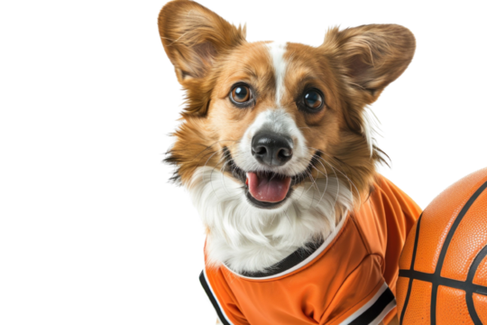Cute dog in a basketball jersey smiling with basketball shirt. Adorable pet playing sport in an orange uniform. Isolated on white background.