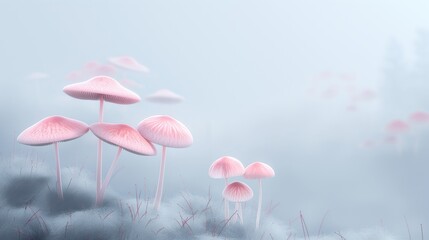 Obraz premium Delicate pink mushrooms in a foggy, soft-toned environment, creating a peaceful and otherworldly atmosphere in a tranquil forest setting.