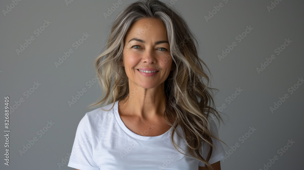 Wall mural A smiling middle-aged woman wears a white blank t-shirt, offering ample space for logos or text. - Wall murals