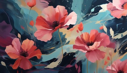 A painting of a field of red flowers with a blue sky in the background