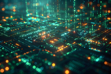 Obraz premium Abstract background displaying a futuristic digital grid pattern in shades of neon green and blue, with glowing lines and geometric shapes creating a high-tech and sci-fi aesthetic.