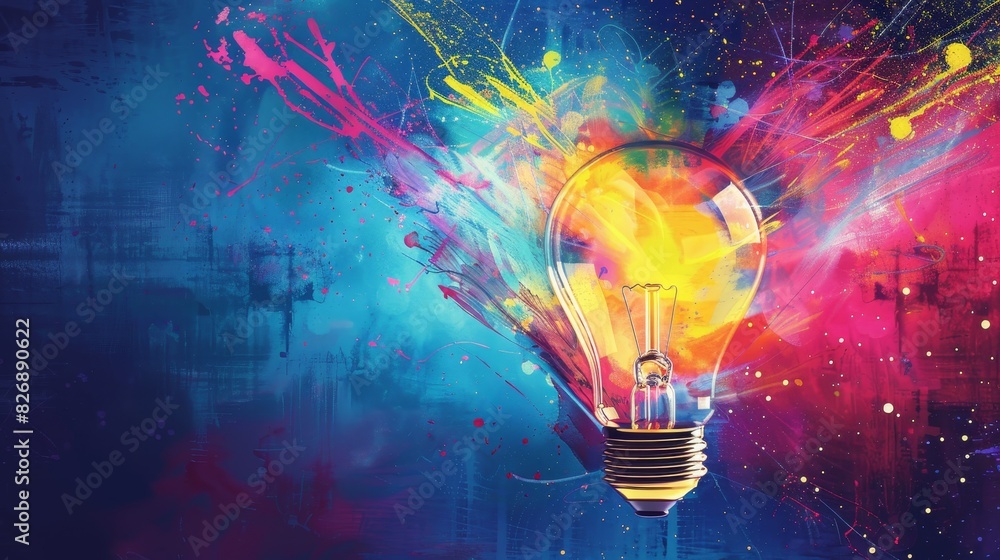Poster illuminated light bulb with colorful splashes - a creative concept of a light bulb illuminated with 