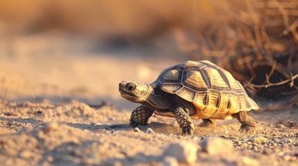 Obraz premium Central Asian turtle moving on the sandy terrain