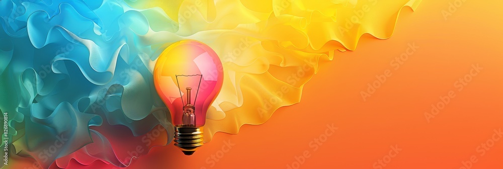Poster abstract concept of creative thinking - a lightbulb merges with a flowing wavy texture to symbolize 
