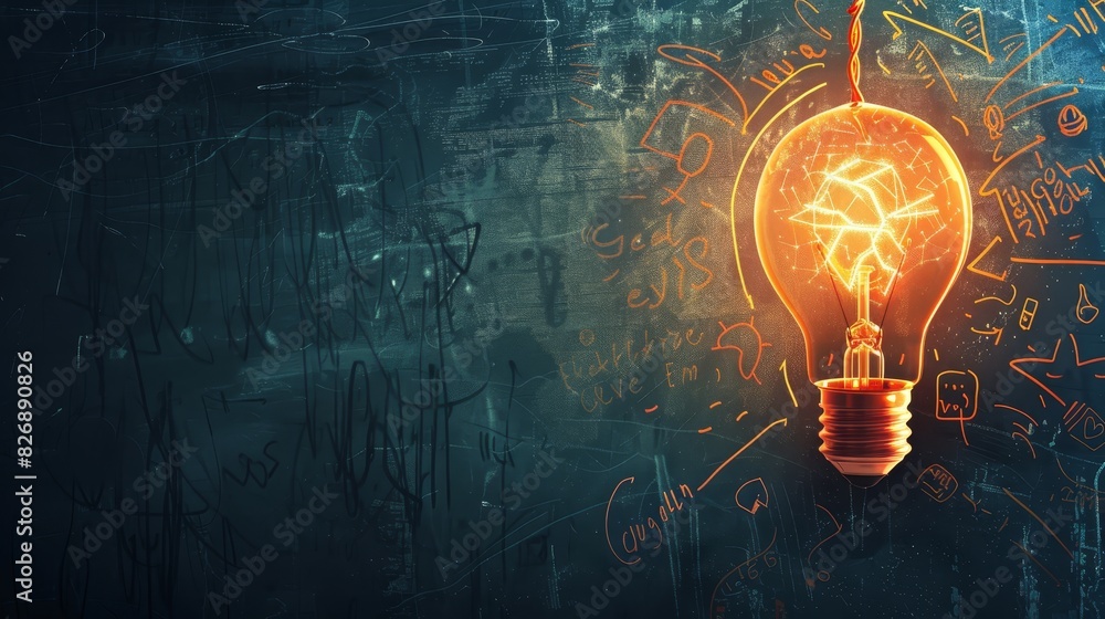 Poster conceptual light bulb with sketches - a light bulb illuminated against a dark board covered in color