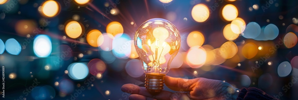 Poster hand holding a light bulb with bokeh lights - a person holding a lit light bulb against a backdrop w