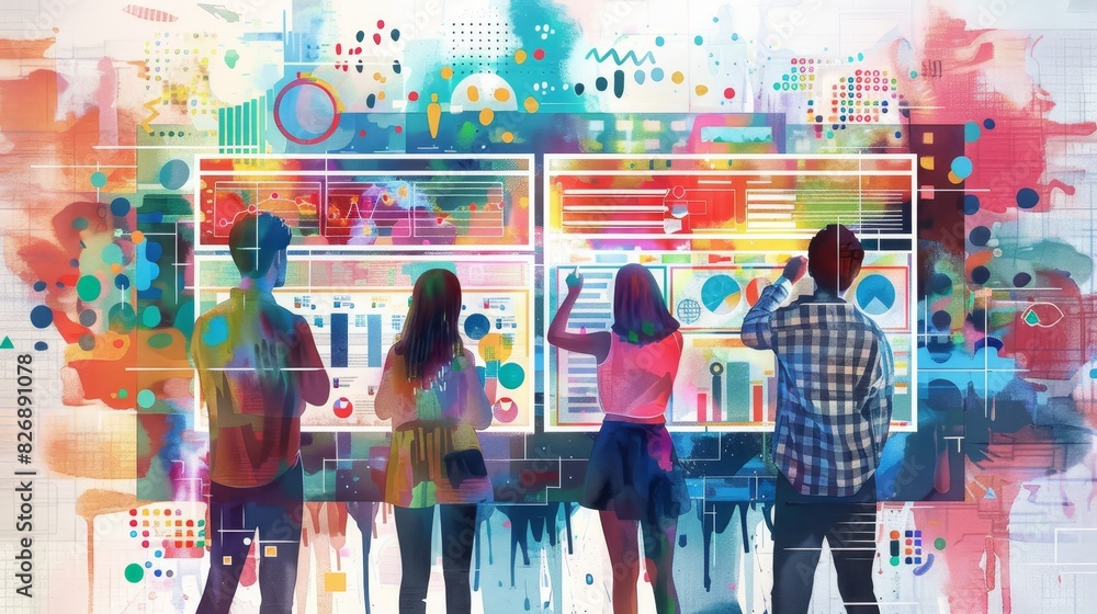 Poster colorful data analysis team in watercolor style - a team of professionals analyzing a data dashboard