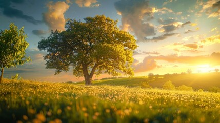 Obraz premium Lonely tree in a sunlit meadow - A single tree stands tall in a sunlit meadow during sunset, casting a beautiful glow over the landscape