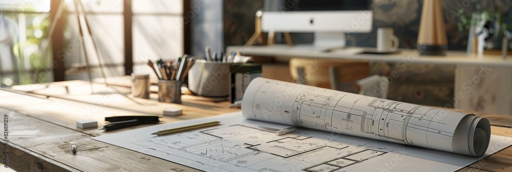 Poster architect's desk with blueprints and tools - an architect's workspace with blueprints, drawing tools