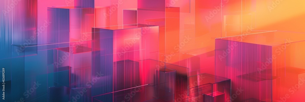 Poster vibrant abstract geometric backdrop - an array of 3d rectangles in a vivid gradient of hot pink to b