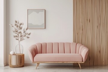 Modern interior design of a living room with a pastel colored sofa and wooden wall mock up against a white background