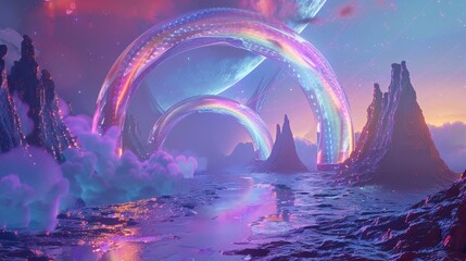 Obraz premium Fantastical parallel world with vibrant spectrum arches transforming into a universe gateway, surreal scenery