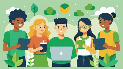 A team of environmentallyconscious young bloggers reviewing and promoting sustainable products on their blog.. Vector illustration