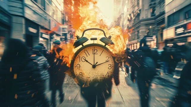 Exploding alarm clock with fire, overlaid on a person rushing through a crowded street, depicting rush hour pressure