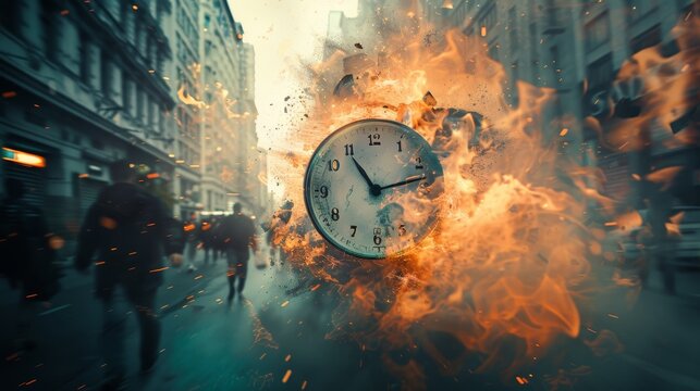 Exploding alarm clock with fire, overlaid on a person rushing through a crowded street, depicting rush hour pressure