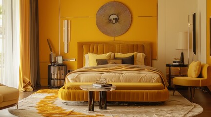 A sophisticated modern bedroom with a yellow accent wall, luxury furniture pieces, and golden-yellow decor accents for a touch of glamour