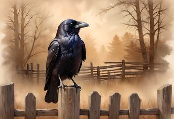 Naklejka premium Watercolor painting a raven sitting on a weathered
