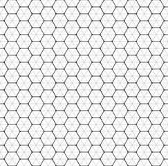 Seamless pattern from bold hexagons with thin lines and round corners. Geometric mesh.