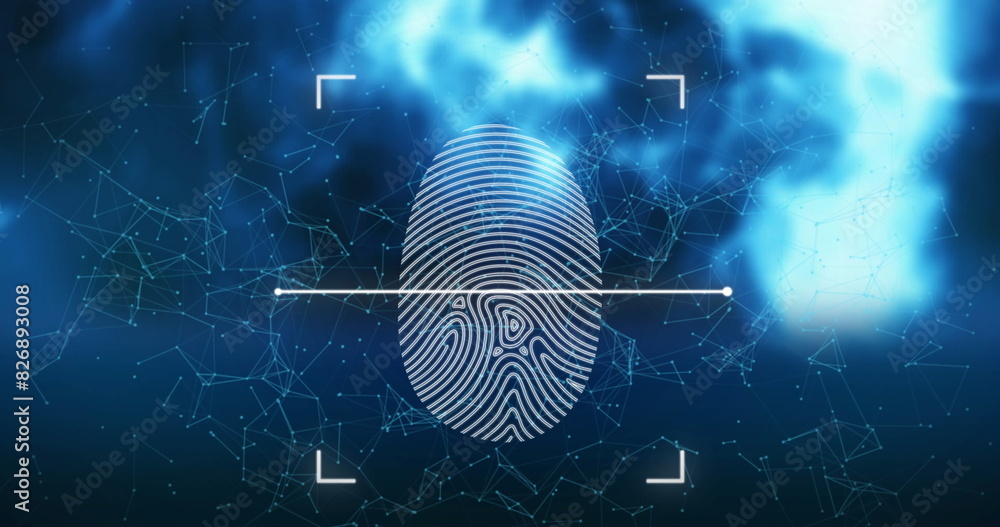 Poster image of biometric fingerprint scanner and plexus networks over light spots on blue background
