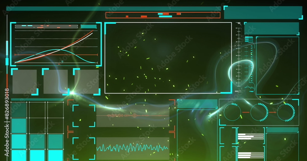 Poster image of interface with data processing, digital wave against green gradient background