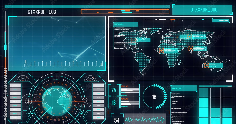 Poster image of interface with spinning globe, world map and data processing on blue background