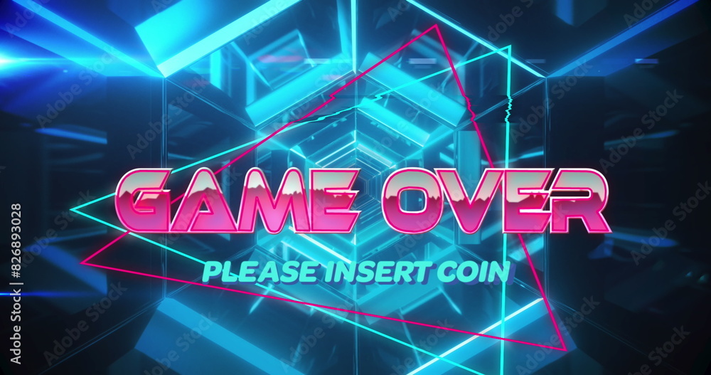 Poster image of game over text banner against neon hexagonal tunnel in seamless pattern