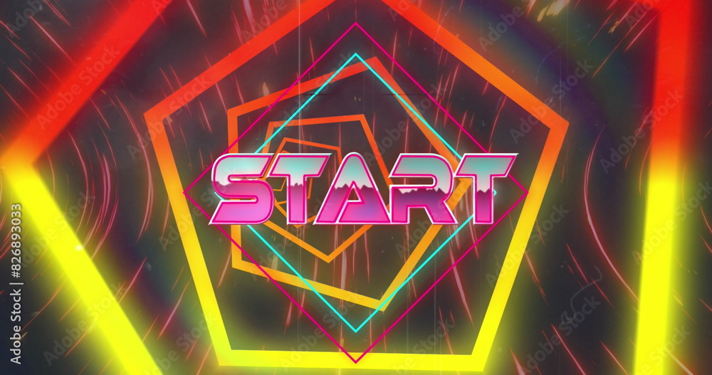 Poster image of start text banner over spinning light trails and hexagonal shapes in seamless pattern