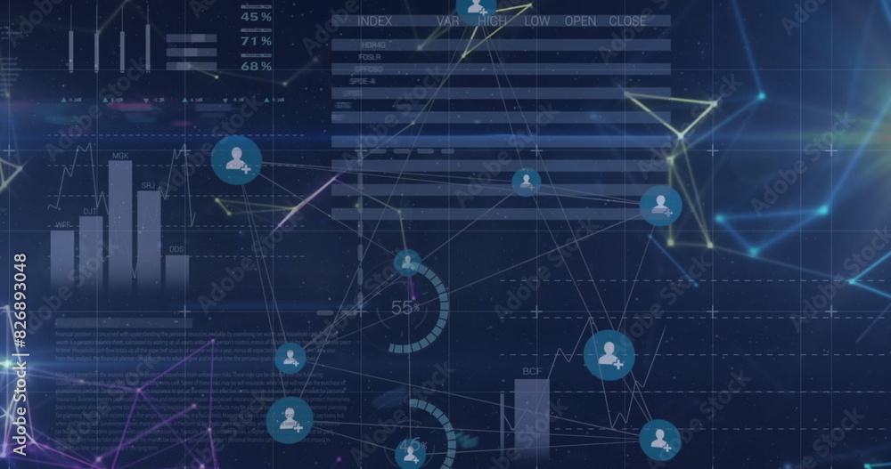 Poster image of network of profile icons and statistical data processing against blue background