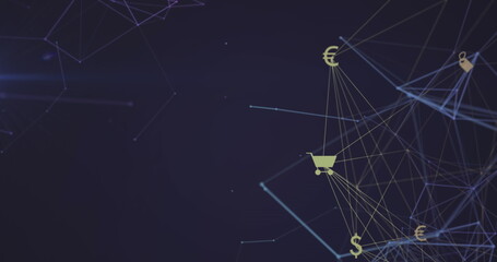 Image of globe of digital icons and network of connections against blue background