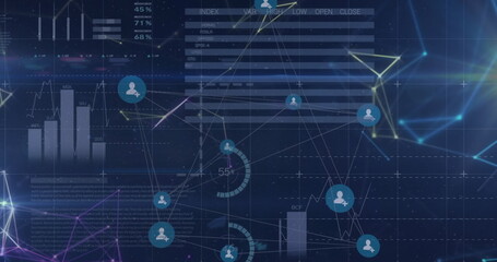 Image of network of profile icons and statistical data processing against blue background