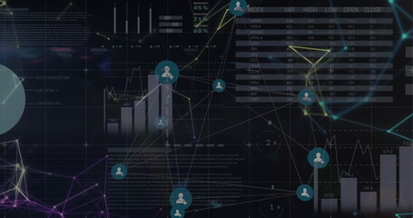 Image of network of connections and statistical data processing against black background