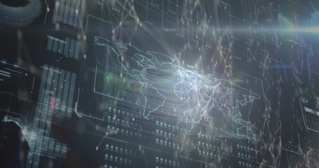 Image of network of connections over interface with data processing against black background