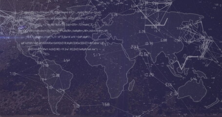 World map shows numerical data and connection lines across continents
