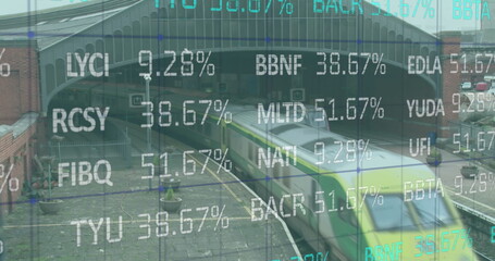 Image of stock market data processing against aerial view of running train on the track