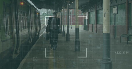 Image of financial data processing over caucasian man by train in train platform