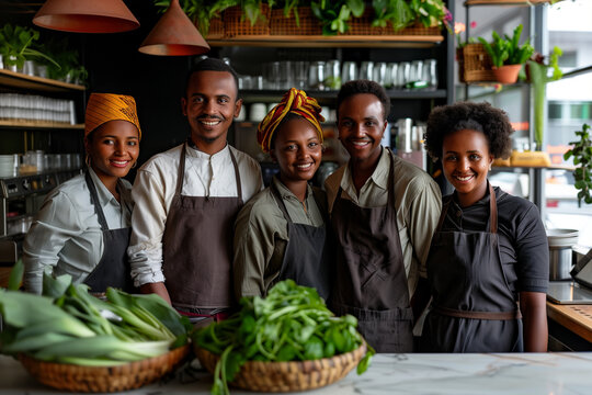 Ethiopia professional service staff, salesperson and cook in modern restaurant.	
