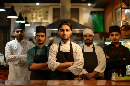 Pakistan professional service staff, salesperson and cook in modern restaurant.	
