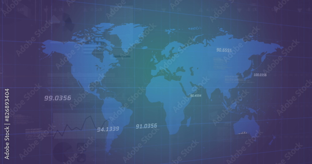 Poster image of numbers and infographic interface over grid pattern and map against blue background