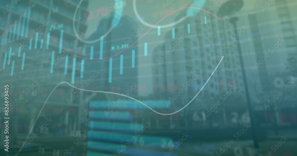 Poster image of multiple graphs and trading board over low angle view of modern buildings