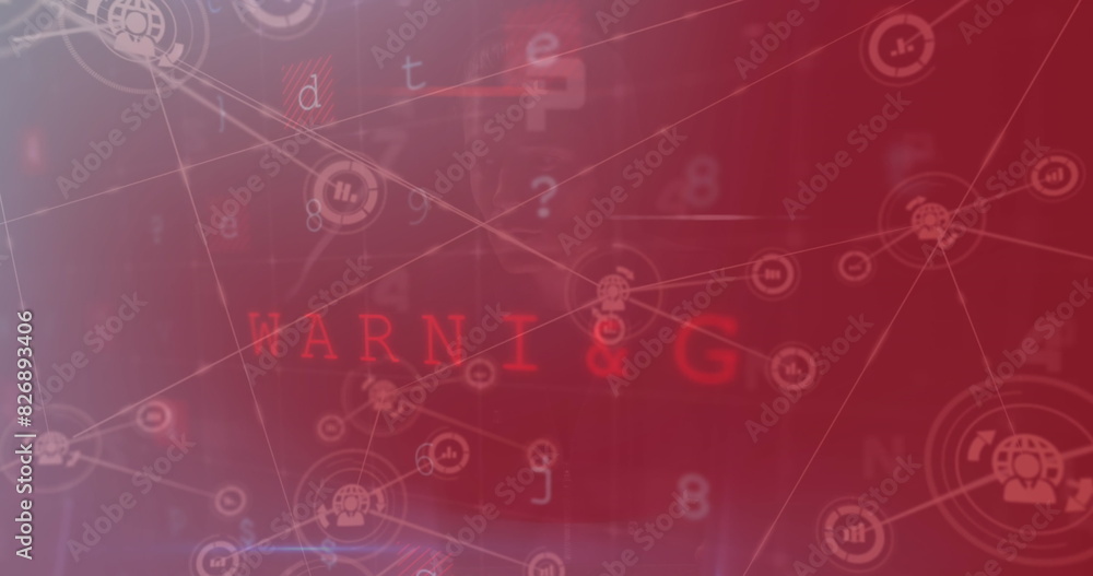 Poster image of connected icons over texts, letters, symbols and numbers against abstract background