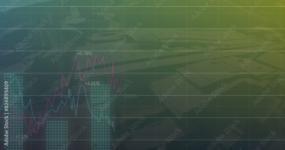 Poster image of multiple graphs with changing numbers over aerial view of modern buildings