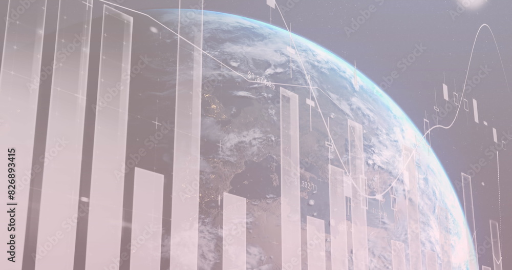 Poster image of graphs with numbers over globe and lens flare against abstract background