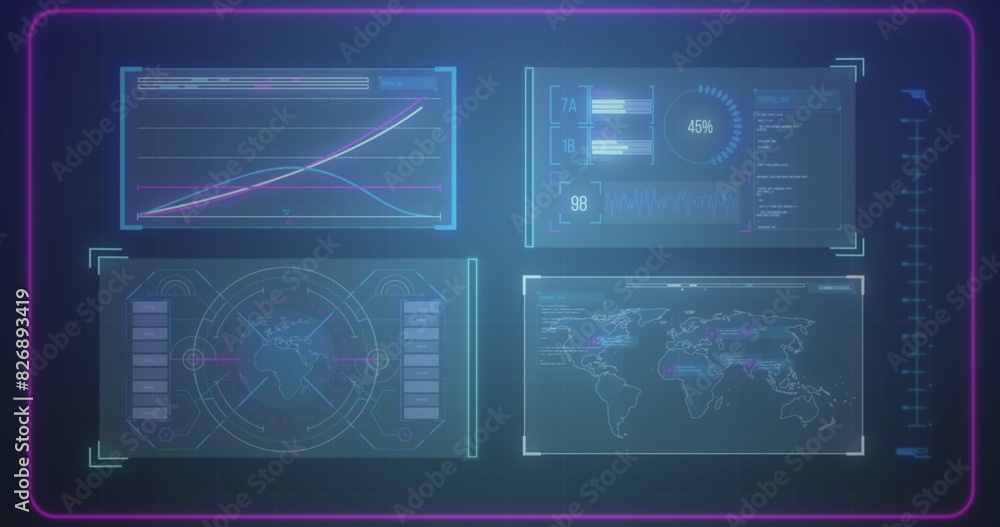 Poster image of graphs, loading bars and circles, globe in circles and map over blue background