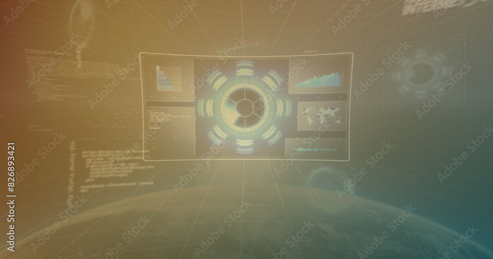 Poster image of radars, graphs, globes and computer language over space view of globe