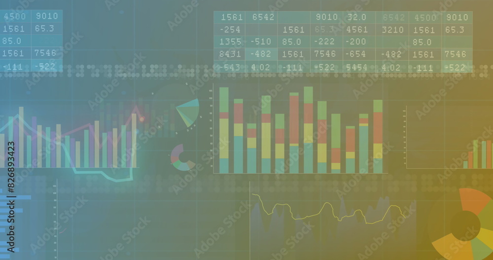 Wall mural Image of multiple graphs and numbers in tables over illuminated abstract pattern