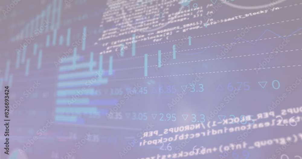 Poster Image of graphs, loading circles and trading board over computer language on abstract background