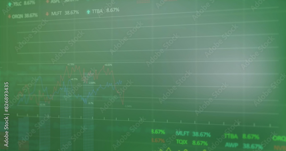 Poster image of multiple graphs, loading circles and trading boards against green background